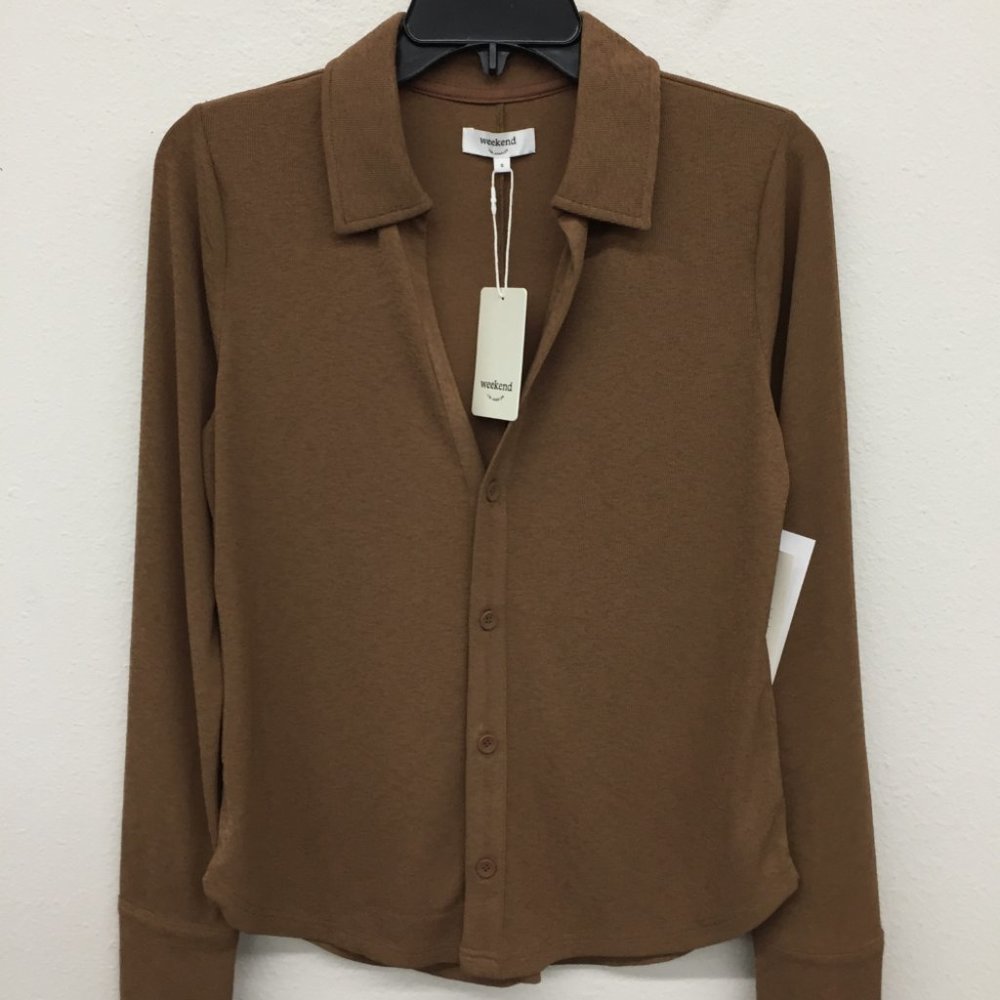 Brown Ribbed Long Sleeve Collared Button Down - image 1
